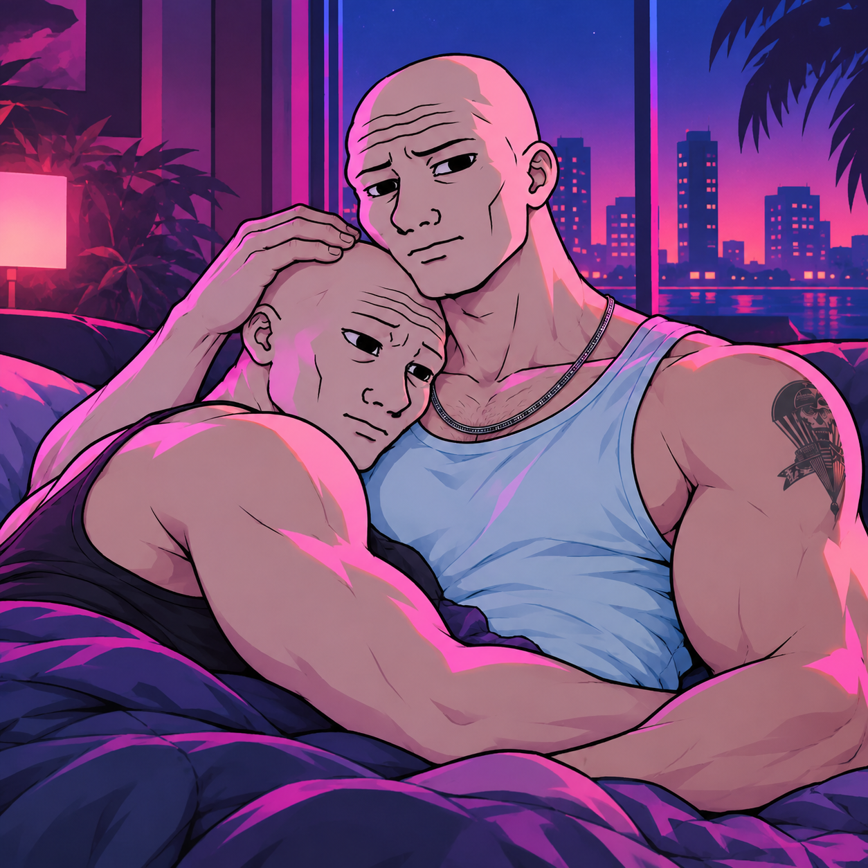 The chads resting together in a neon-lit apartment